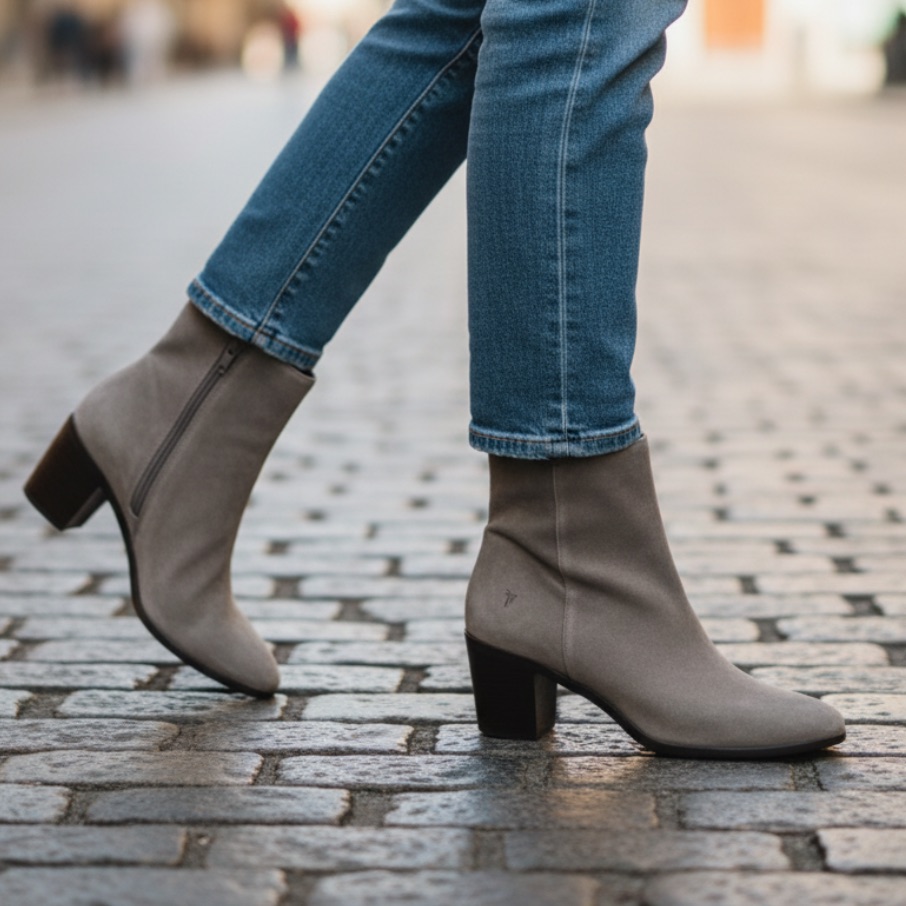 Frye Julia Taupe/Beige Genuine Suede Leather Block Chunky Heel Ankle Booties